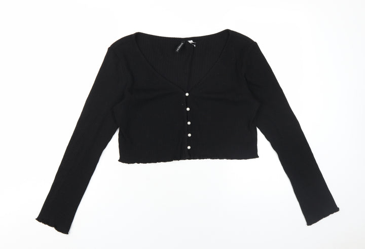 H&M Women's Black Cropped Blouse, M, V-Neck, Button Accents