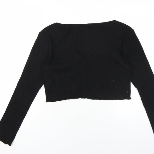 H&M Women's Black Cropped Blouse, M, V-Neck, Button Accents
