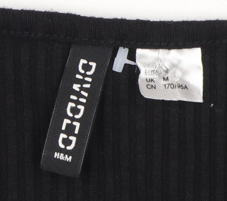 H&M Women's Black Cropped Blouse, M, V-Neck, Button Accents