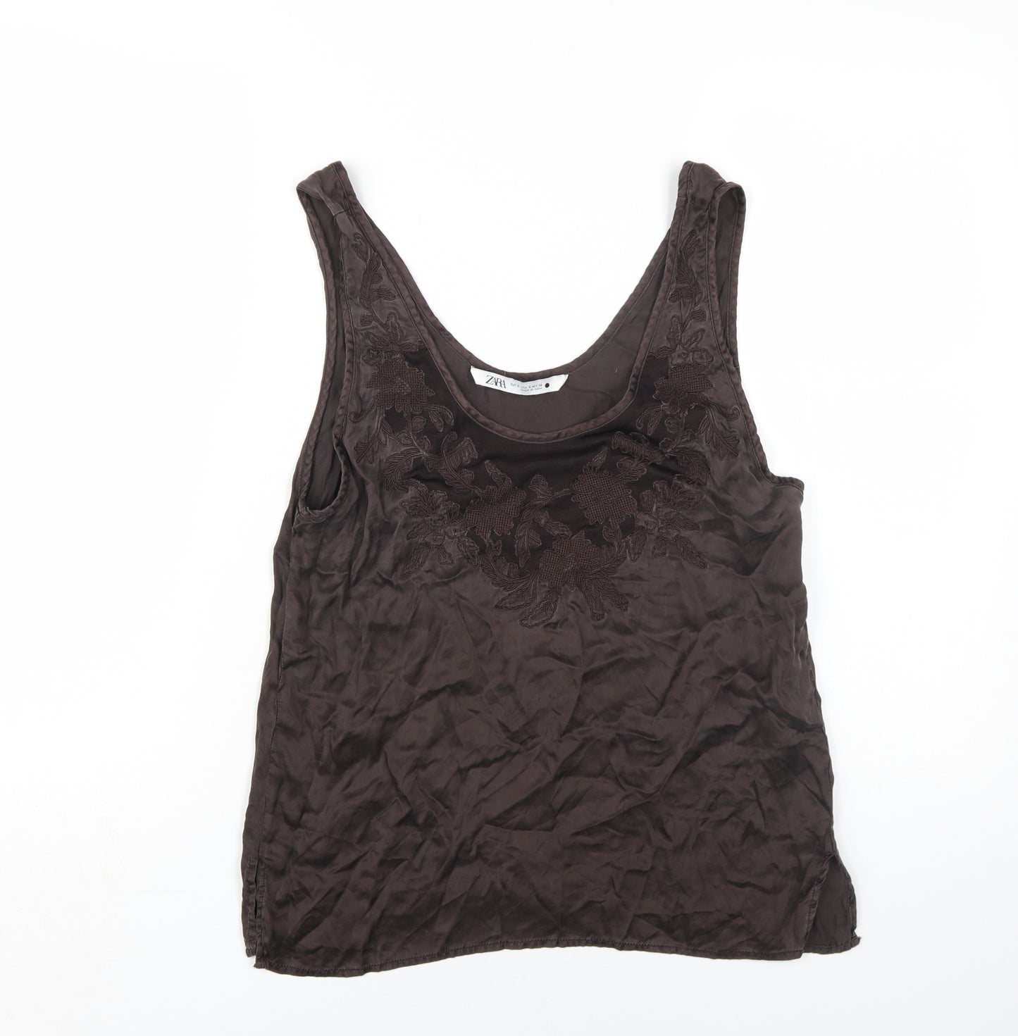 Zara Women's Brown Embroidered Tank - Size S, Casual Style