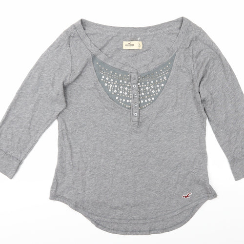 Hollister Women's Grey Henley T-Shirt L Casual