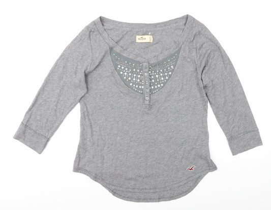 Hollister Women's Grey Henley T-Shirt L Casual