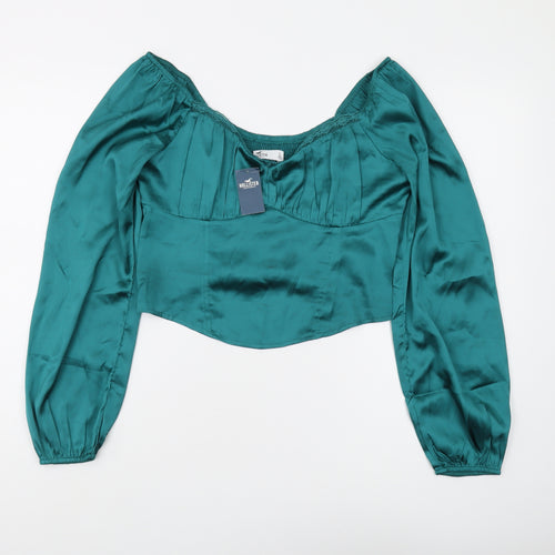 Hollister Women's Green Cropped Satin Blouse, L, Casual Style