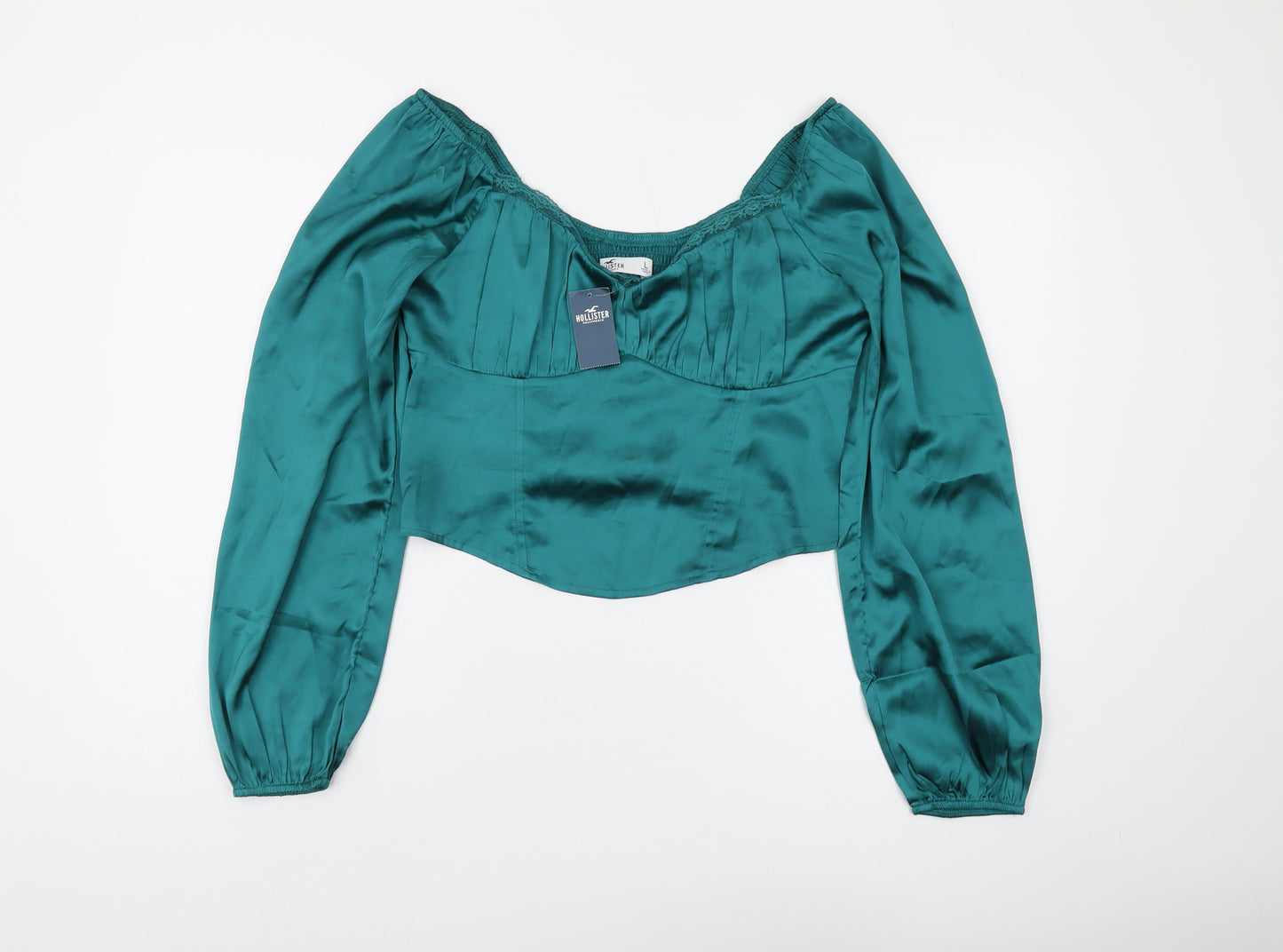 Hollister Women's Green Cropped Satin Blouse, L, Casual Style