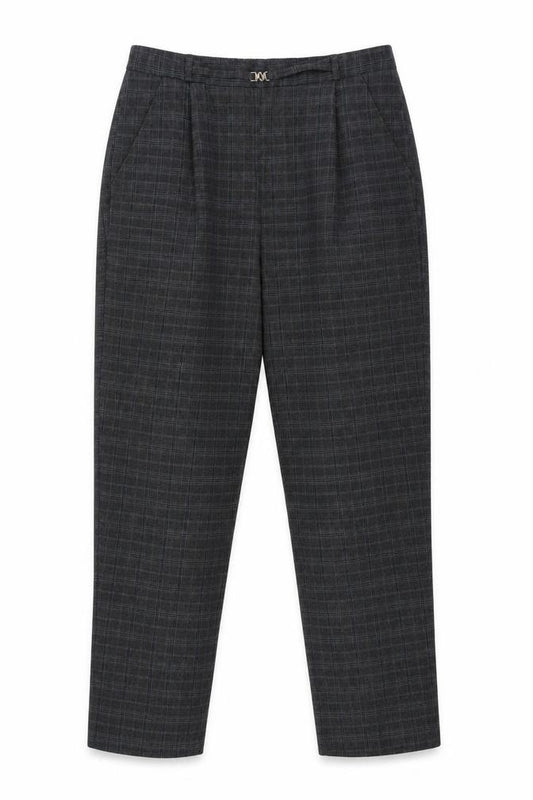 Front view of Bonmarché Women's Grey Checked Trousers, size 12