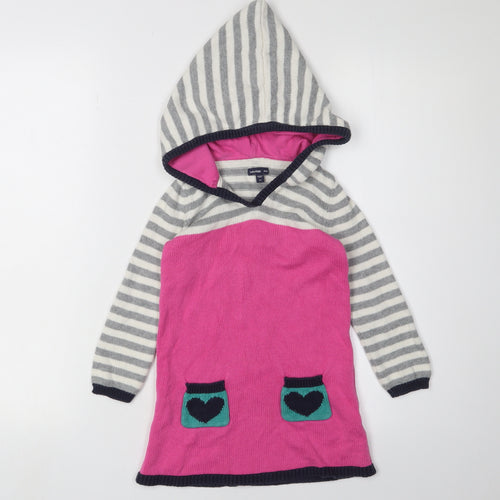 Gap Girls Striped Hooded Dress Pink Grey 3-4 Years Cotton Knit