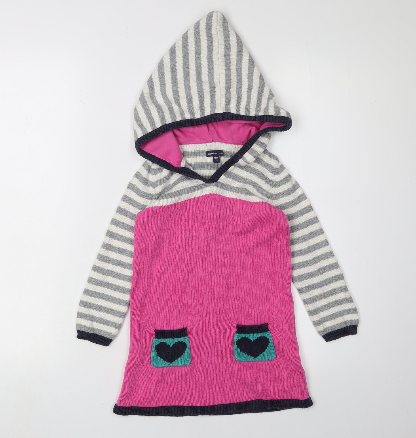 Gap Girls Striped Hooded Dress Pink Grey 3-4 Years Cotton Knit