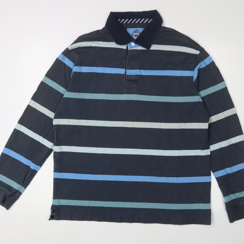 Marks & Spencer Men's Blue Striped Polo, M, Long Sleeve