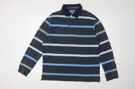 Marks & Spencer Men's Blue Striped Polo, M, Long Sleeve