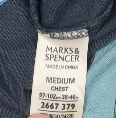 Marks & Spencer Men's Blue Striped Polo, M, Long Sleeve