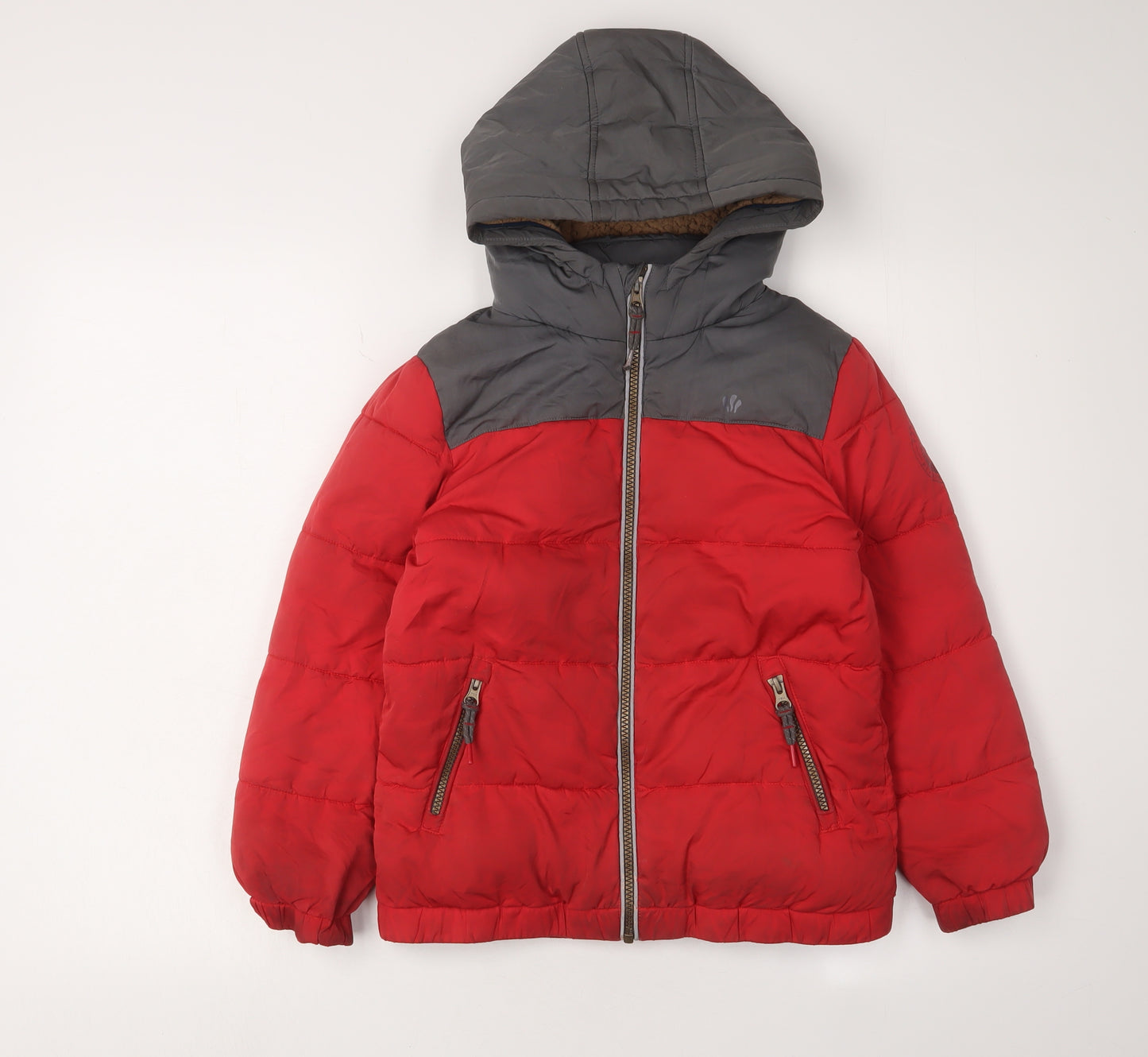 FatFace Boys Red Grey Hooded Puffer Jacket 8-9 Years
