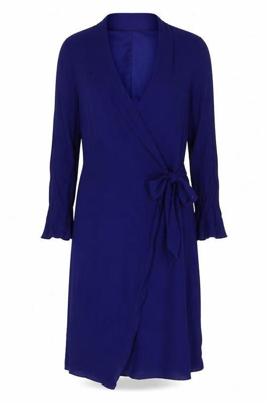 Front view of Finery Women's Blue 3/4 Sleeve Wrap Dress, size 10