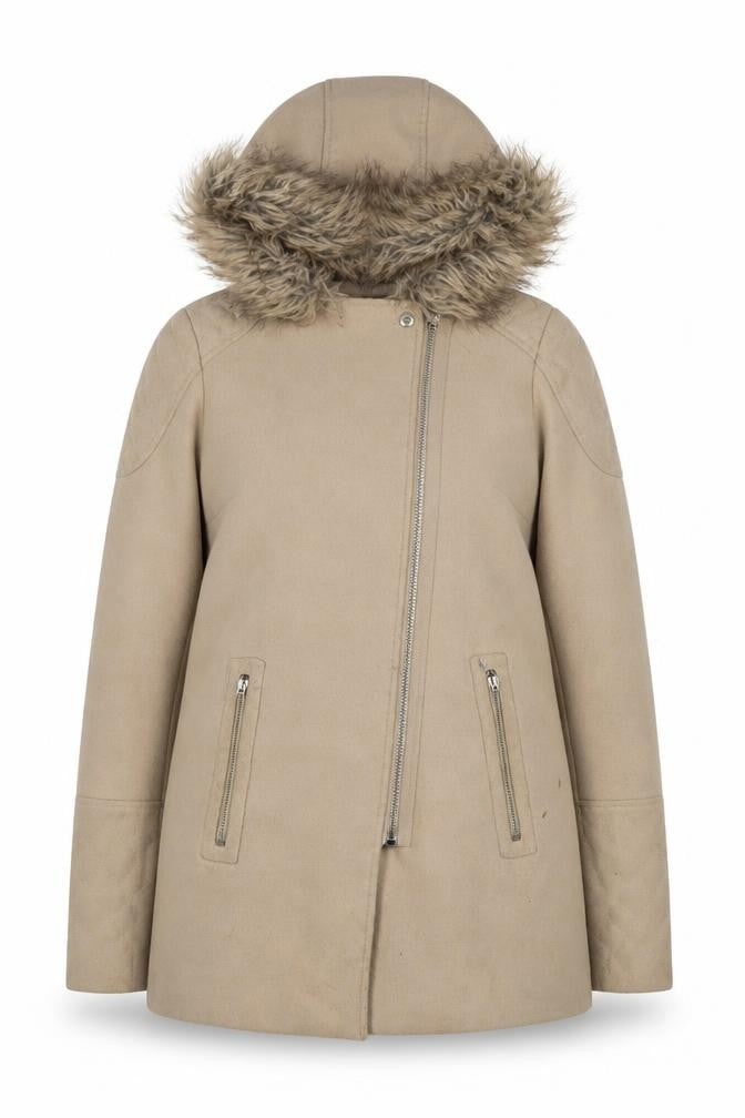 Front view of New Look Women's Beige Hooded Coat, size 4, Lined, Zip Closure