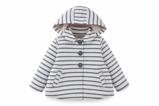 Front view of Next girls’ blue striped hooded jacket, 2 years, lined