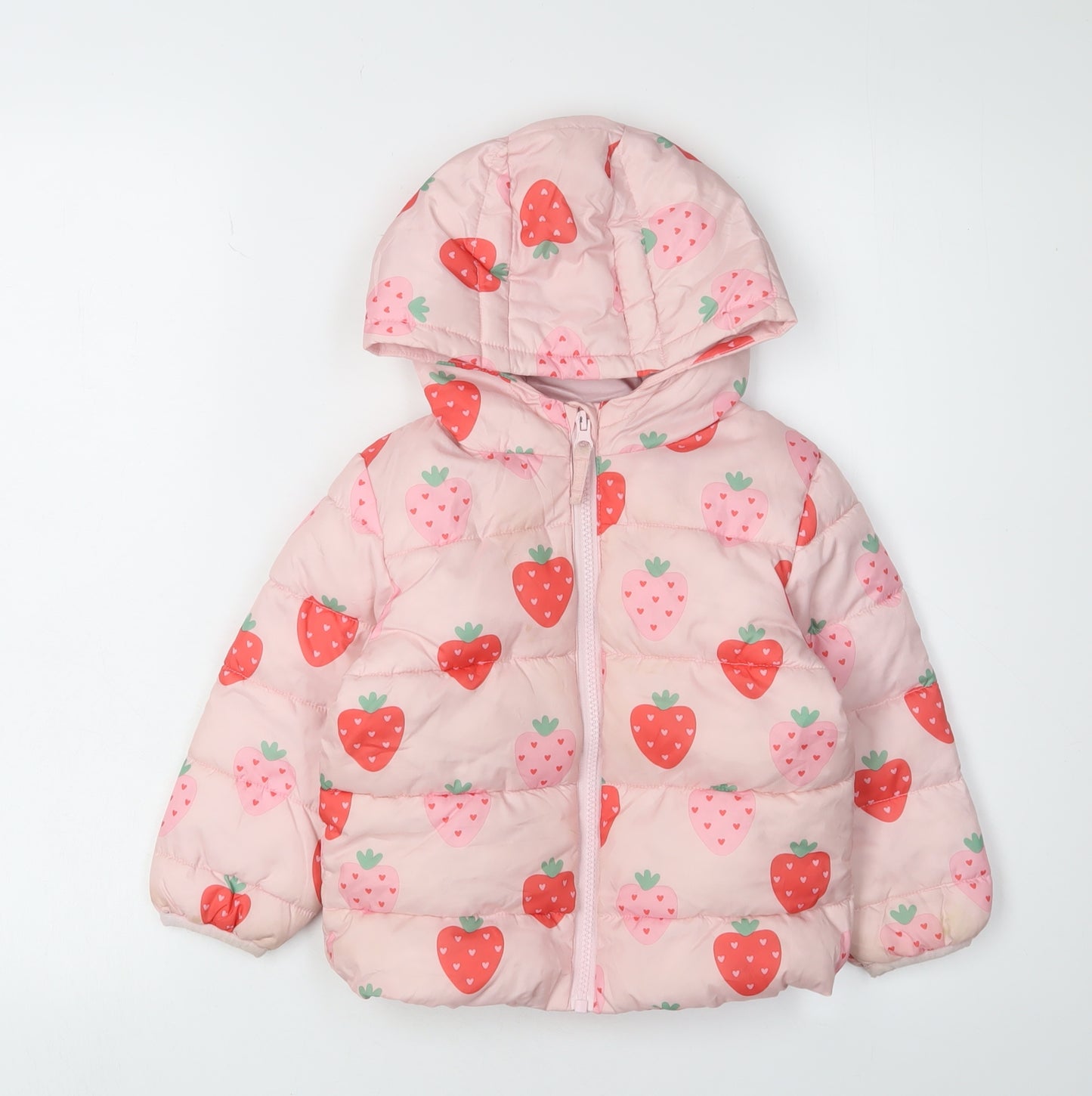 Marks and Spencer Girls Pink Strawberry Print Puffer Jacket 2-3 Years