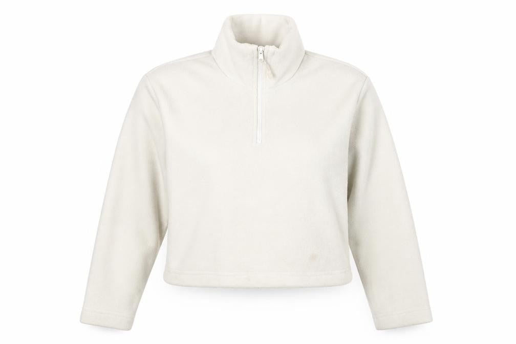 Front view of Monki Women's White 1/4 Zip Pullover Sweatshirt, size 12