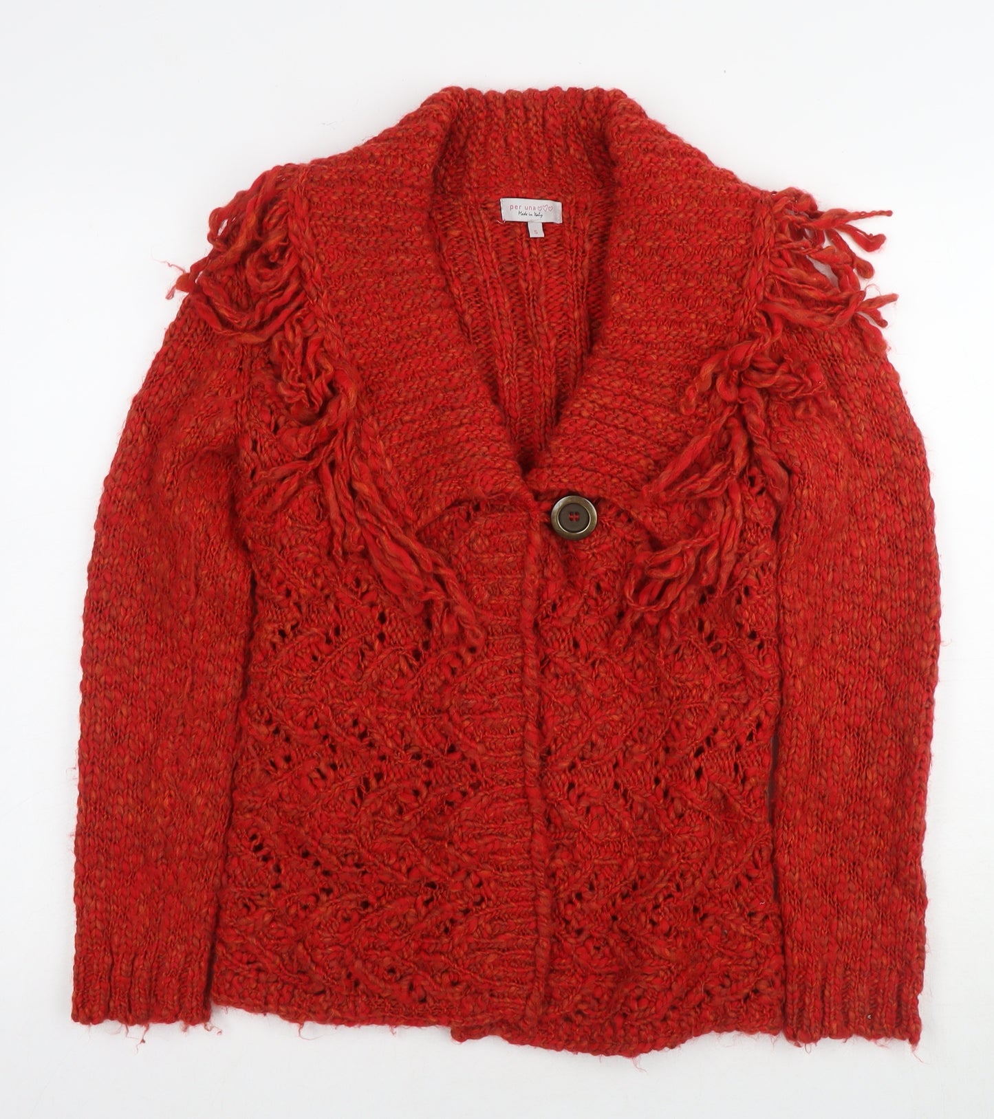 Per Una Women's Red Cardigan, Size S, Chunky-Knit Fringe