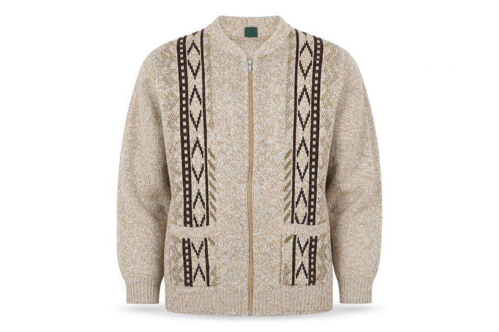 Front view of Benbrook Men's Beige Aztec Knit Full Zip Jumper S