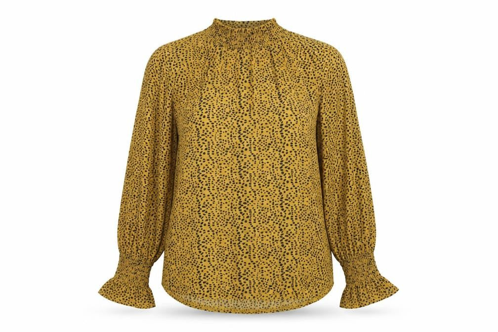 Mandi Women's Yellow Animal Print Blouse, Size 12, Long Sleeve