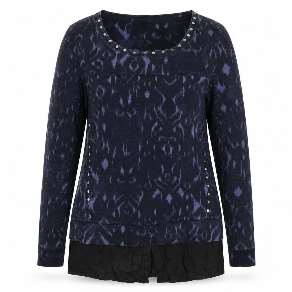Front view of Next Petite Women's Blue Geometric Blouse, size 12, Studded Detail