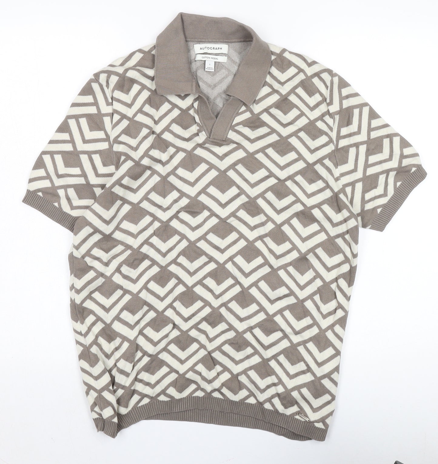 Marks and Spencer Men's Brown Geometric Knit Jumper L