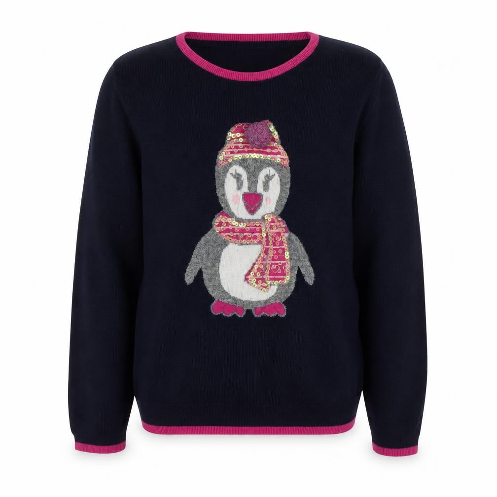 Front view of Yumi girls’' black penguin jumper, 11-12 years, pullover