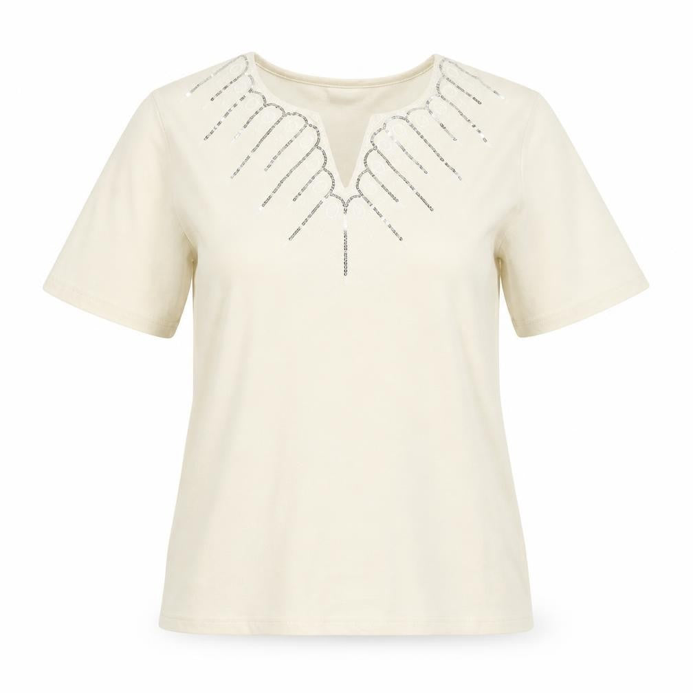 Damart Women’s Ivory Embroidered Sequin T-Shirt – Size 14