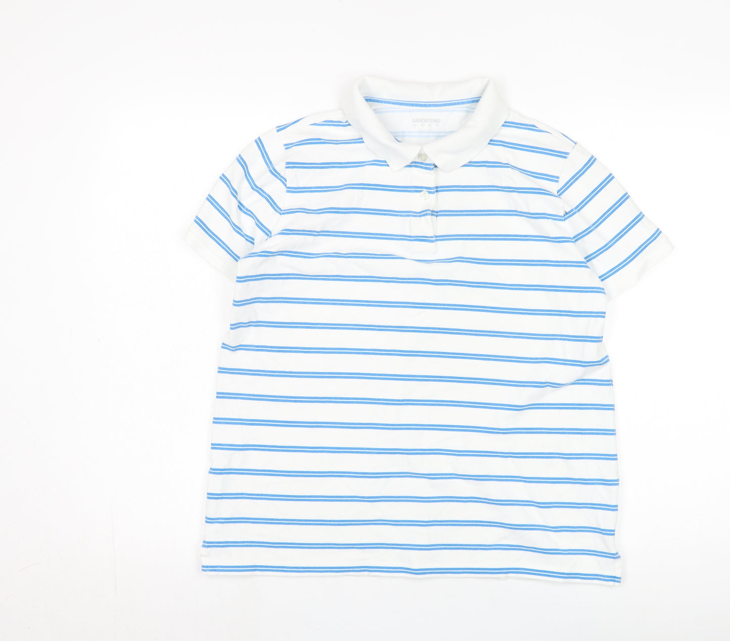 Lands' End Women's White Striped Polo Shirt Medium