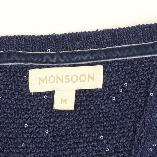 Monsoon Women's Blue Cardigan M Sequin Knit 3/4 Sleeve