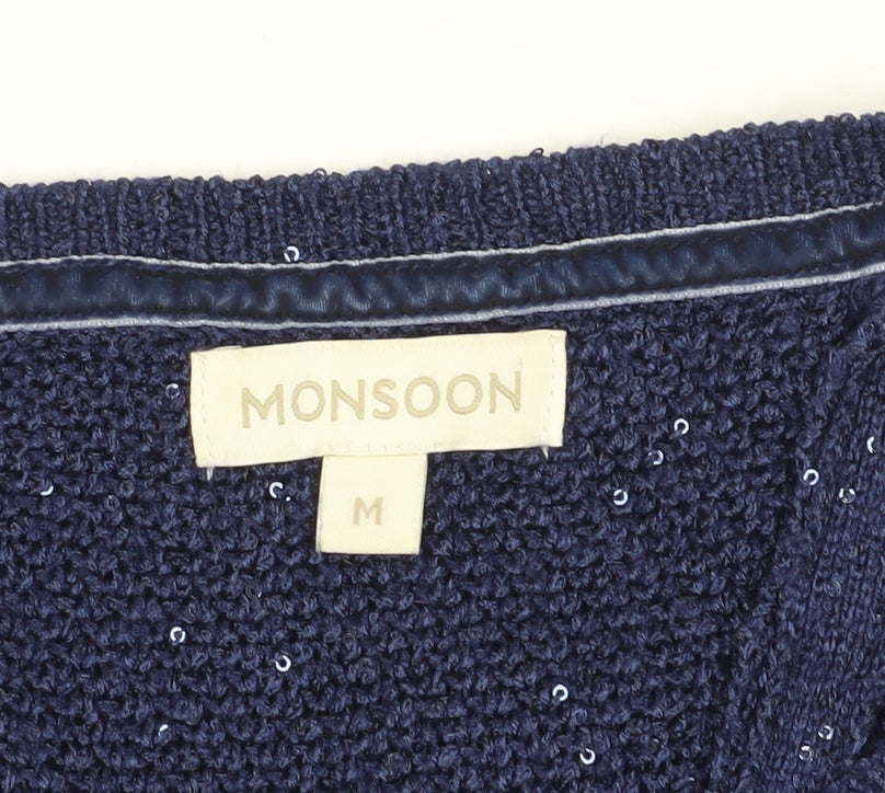 Monsoon Women's Blue Cardigan M Sequin Knit 3/4 Sleeve