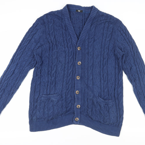 Cotton Traders Men's Blue Cardigan L V-Neck Cable-Knit