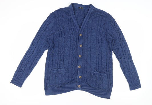 Cotton Traders Men's Blue Cardigan L V-Neck Cable-Knit