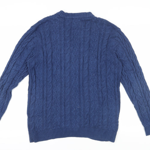 Cotton Traders Men's Blue Cardigan L V-Neck Cable-Knit