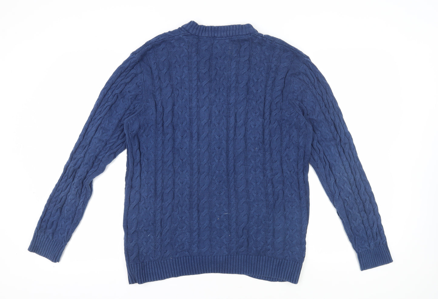 Cotton Traders Men's Blue Cardigan L V-Neck Cable-Knit