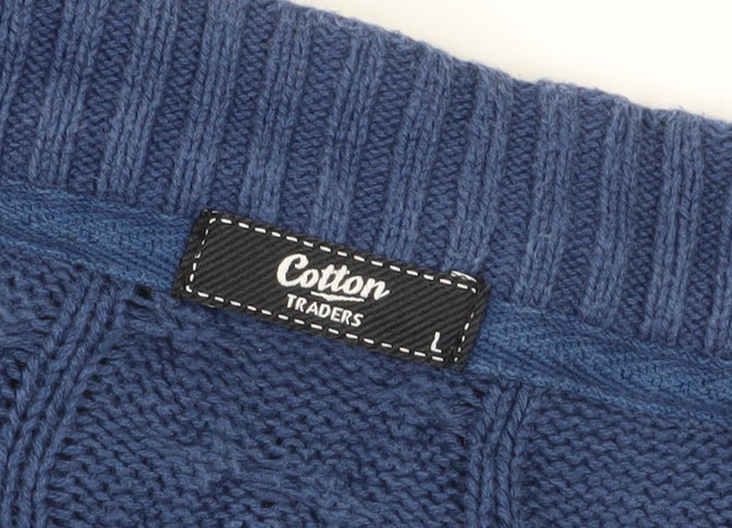 Cotton Traders Men's Blue Cardigan L V-Neck Cable-Knit