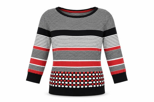 Front view of Principles Women's Black Red Striped Pullover, size 10
