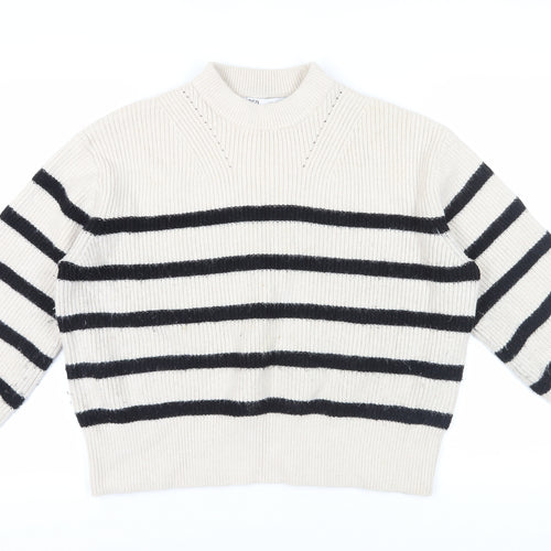 Zara Women's Beige Striped Pullover Jumper, S, Mock Neck