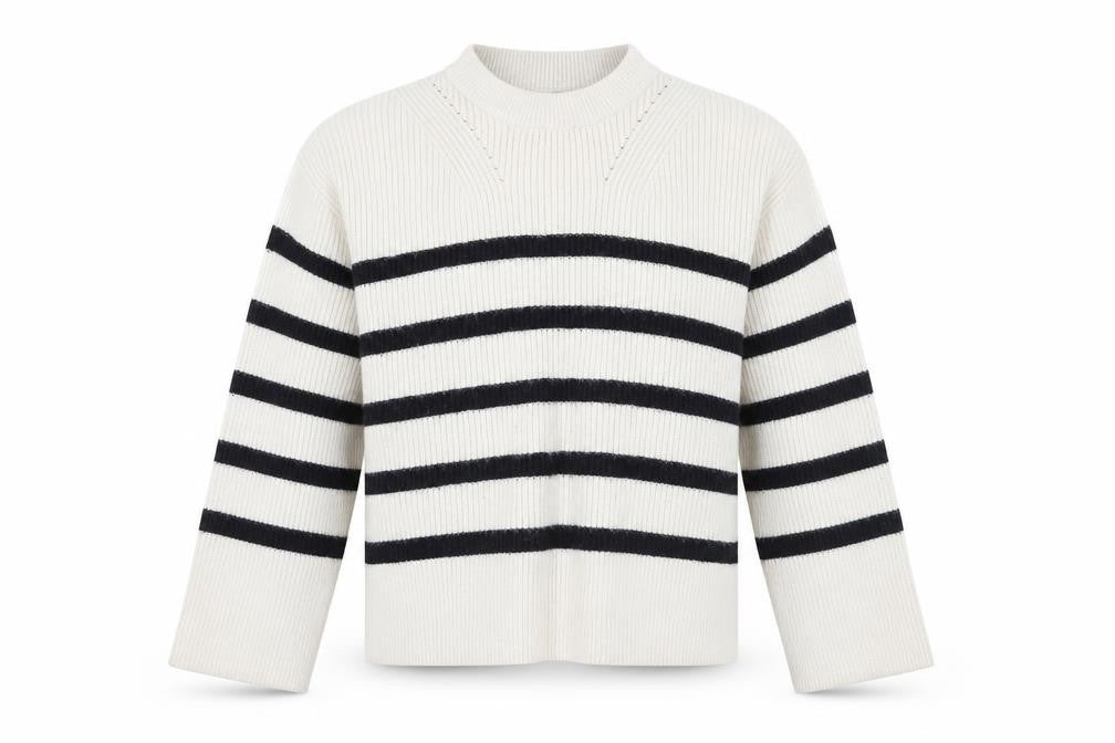 Front view of Zara Women's Beige Striped jumper, S, Mock Neck
