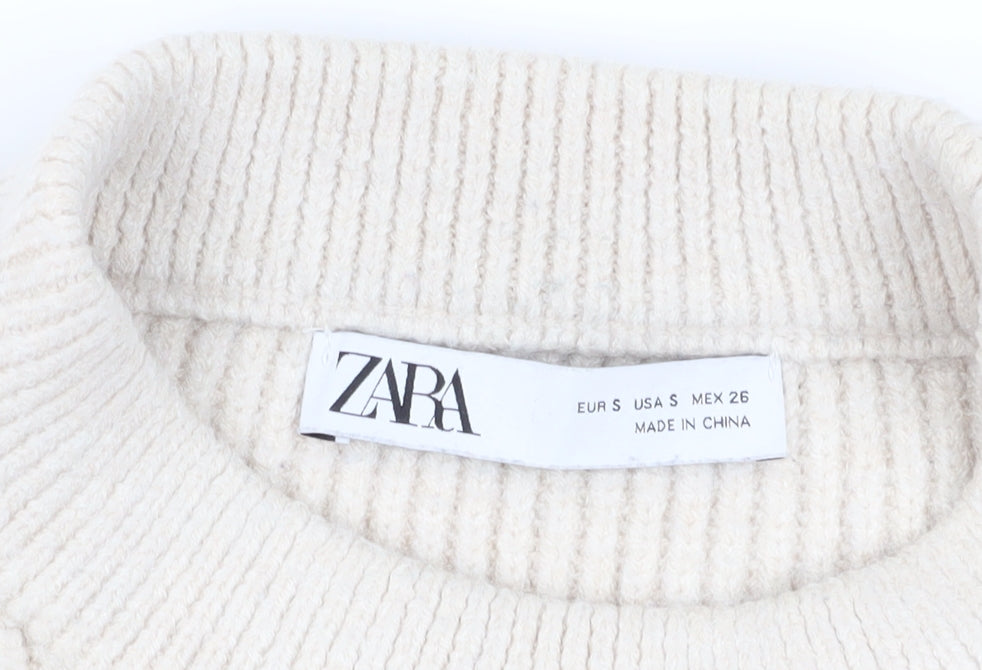 Zara Women's Beige Striped Pullover Jumper, S, Mock Neck