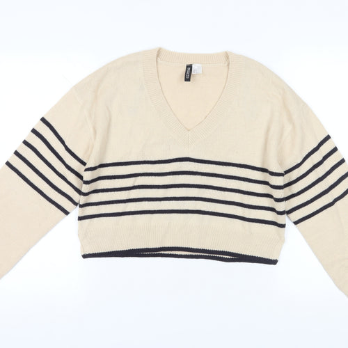 H&M Women's Beige V-Neck Striped Jumper - Size S