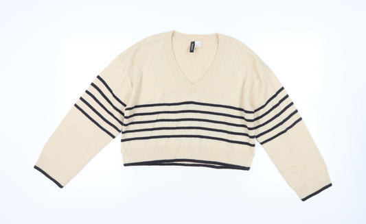 H&M Women's Beige V-Neck Striped Jumper - Size S