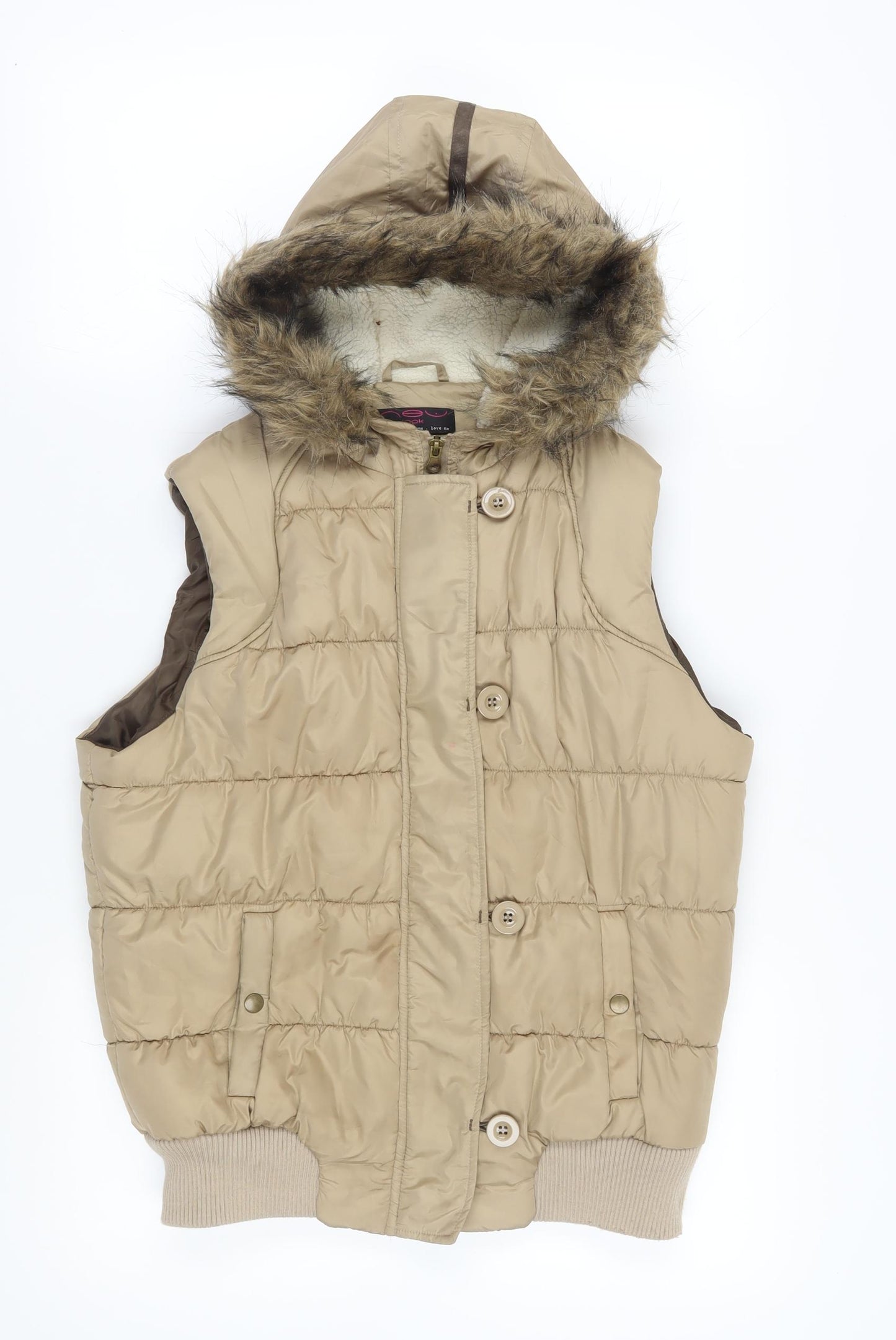 New Look Women's Beige Puffer Jacket, Size 14, Hooded Waistcoat