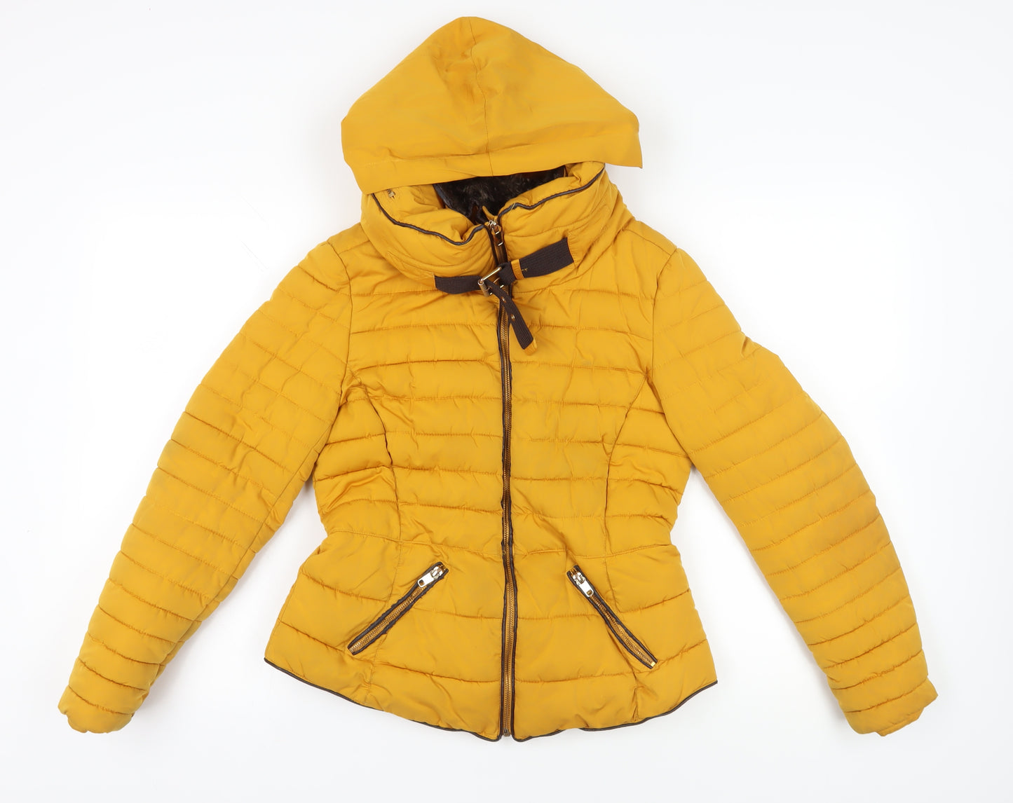 Zara Women's Yellow Puffer Jacket with Hood