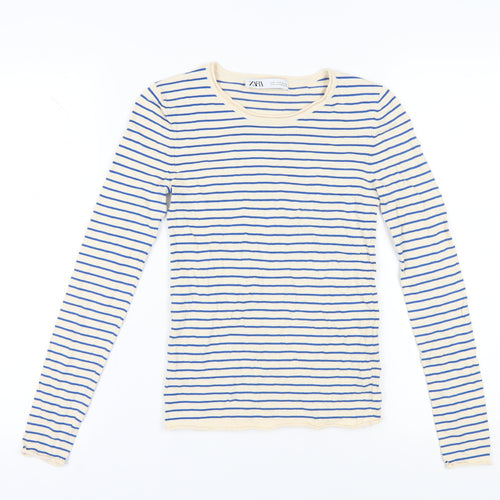 Zara Women's Beige Blue Striped Long Sleeve T-Shirt S