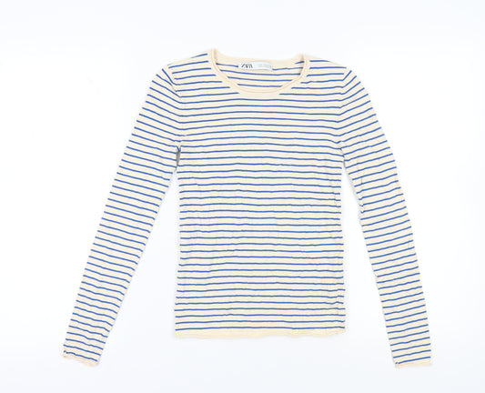 Zara Women's Beige Blue Striped Long Sleeve T-Shirt S