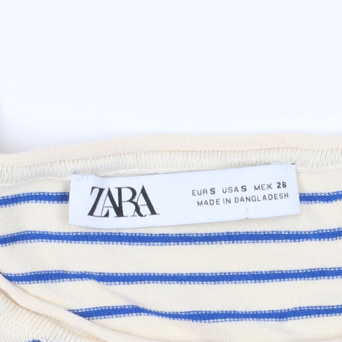 Zara Women's Beige Blue Striped Long Sleeve T-Shirt S