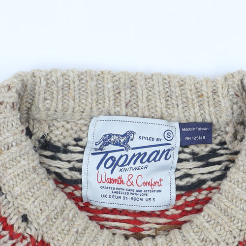 Topman Men's Beige Cable-Knit Fair Isle Jumper S