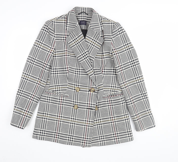 M&S Women's Black Houndstooth Blazer, Size 8, Double-Breasted