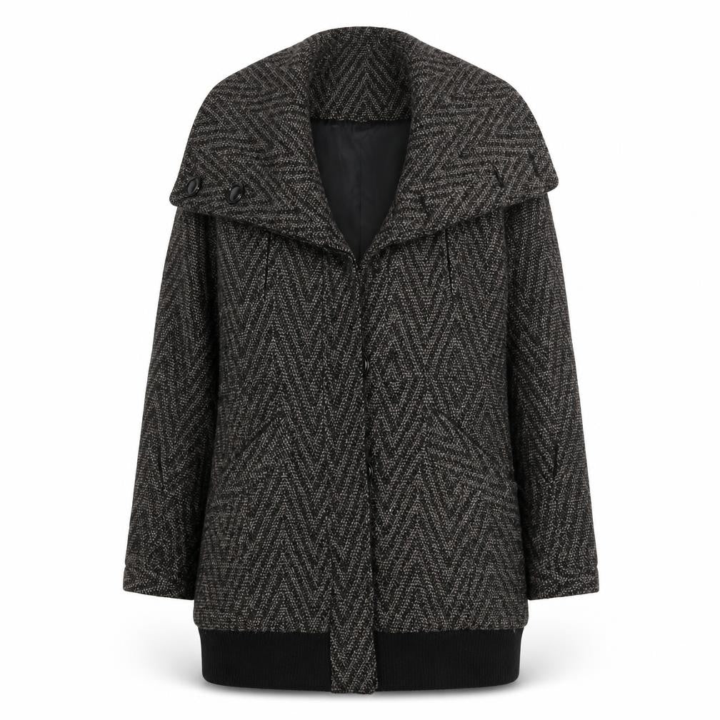 Front view of Xdye Women's Black Grey Herringbone Coat, size M