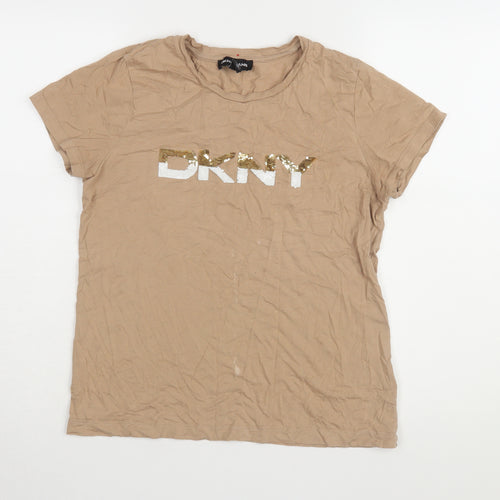 DKNY Women's Beige Cotton Modal T-Shirt M Sequin